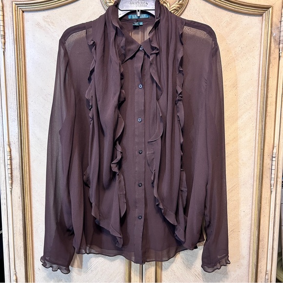 Ralph Lauren Tops - Ralph Lauren Brown 100% Silk Ruffle Edge Scarf & Blouse